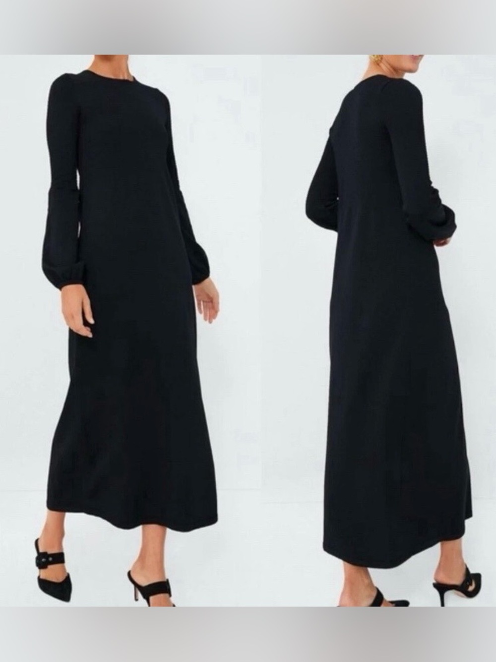 Pomander Place Black Double Knit Puff Sleeve Relaxed Fit Maxi Dress Size Small